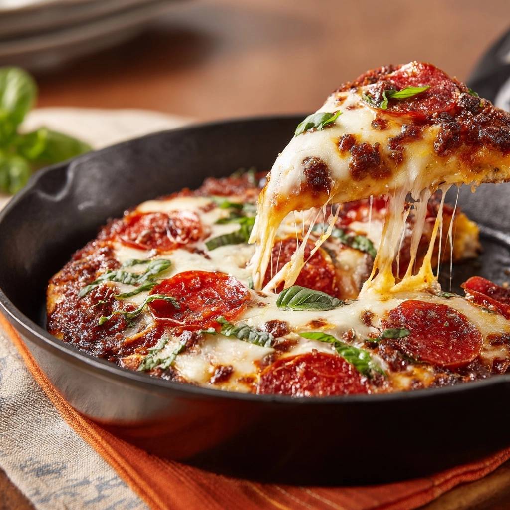 Skillet pepperoni pizza with a slice being lifted, showing a generous cheese pull and fresh basil.