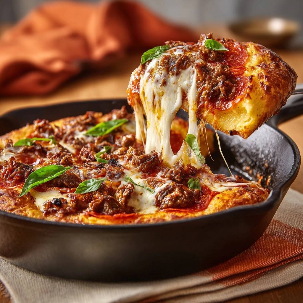 Skillet pepperoni pizza with a slice being pulled, revealing a generous cheese pull and fresh basil topping.