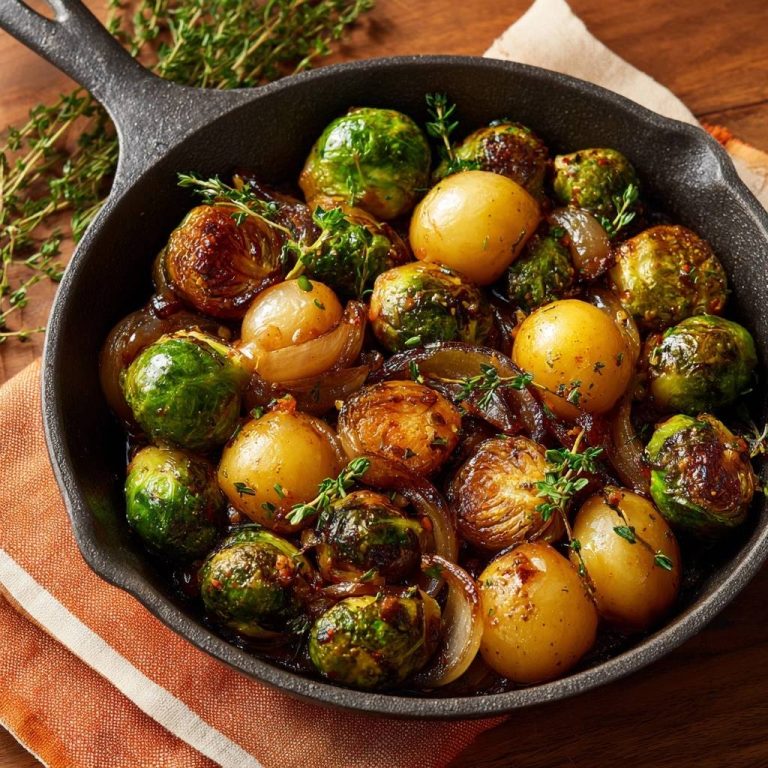 Skillet-roasted Brussels sprouts, potatoes & onions in a cast-iron pan with fresh thyme garnish.