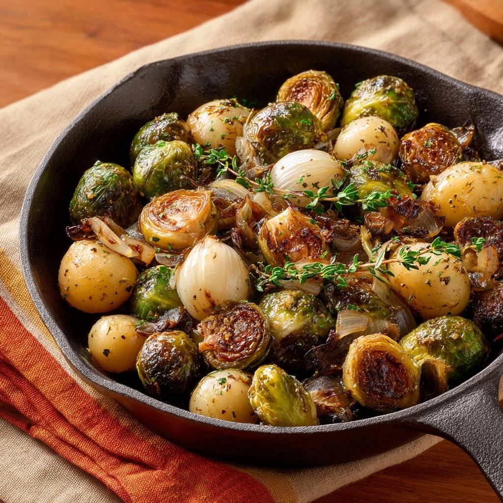 Skillet-roasted Brussels sprouts, potatoes, and onions shown in a cast-iron skillet with fresh thyme.