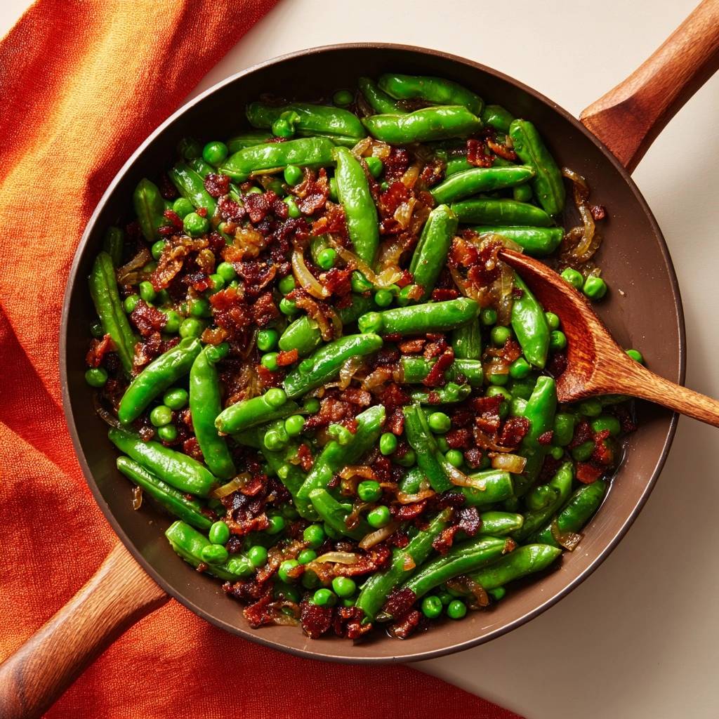 Skillet sugar snap peas with bacon, peas & onions shown in an overhead view in a rustic pan.