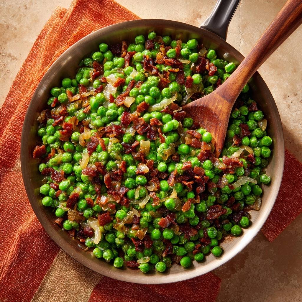 Skillet sugar snap peas with bacon, peas & onions shown in an overhead view with a wooden spoon in the pan.