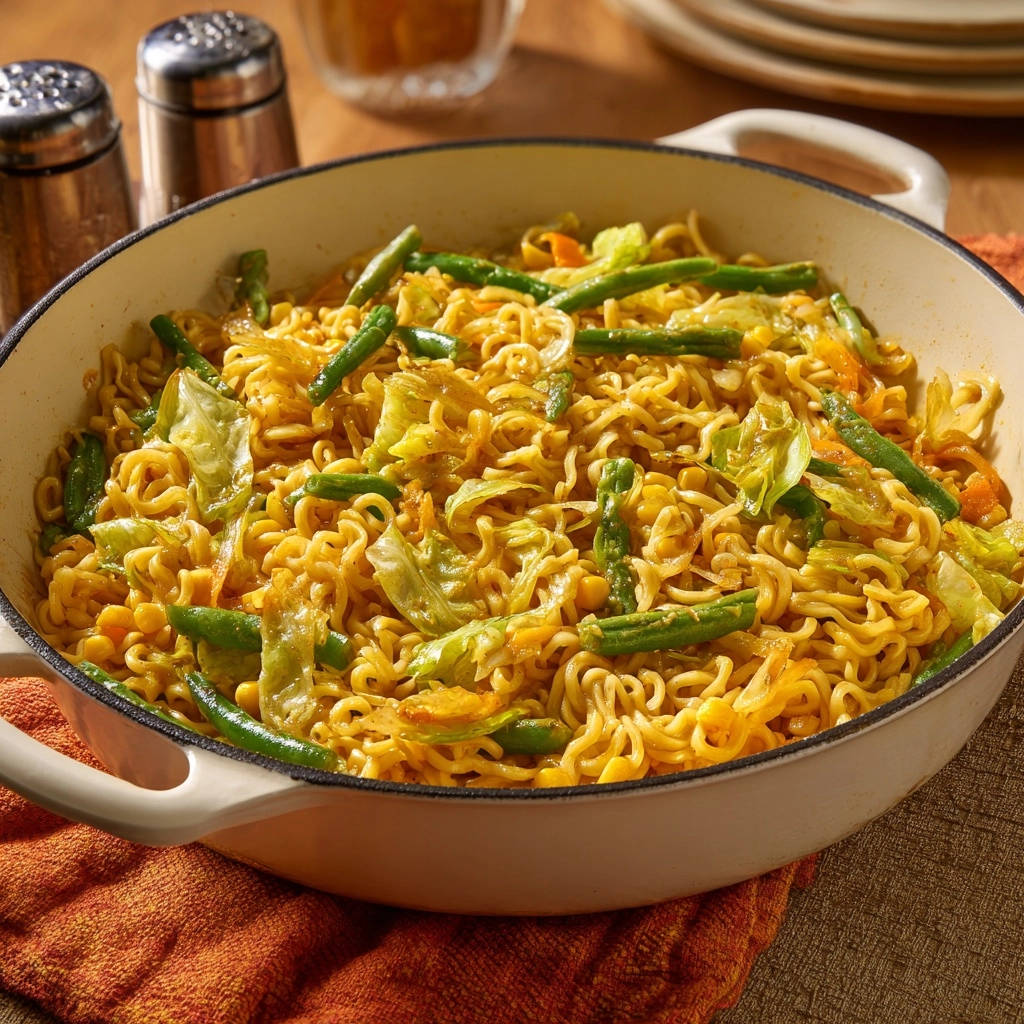 Skillet veggie noodle stir-fry presented in a white pan, showcasing green beans, cabbage, and ramen noodles with a savory sauce.
