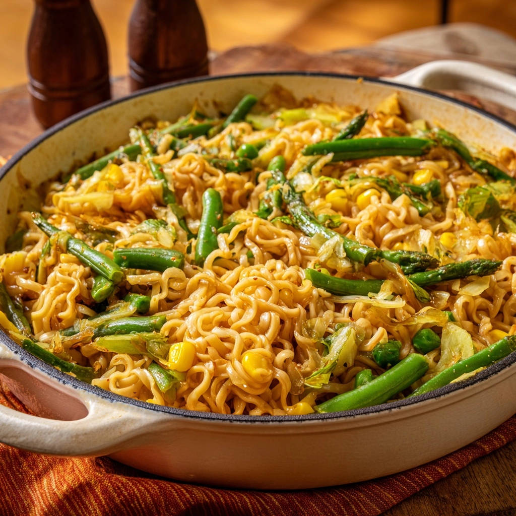 Skillet veggie noodle stir-fry shown in a close-up view within a white enameled cast iron pan.