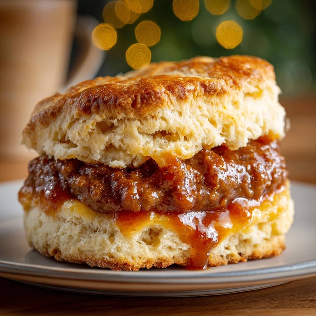 Southern sausage and biscuit sandwich with onion jam, a close-up view showcasing the thick jam filling.