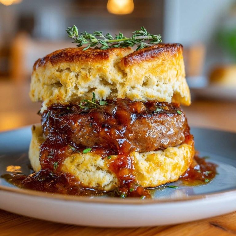 Southern sausage and biscuit sandwich with onion jam shown in a close-up detail shot with fresh thyme garnish.