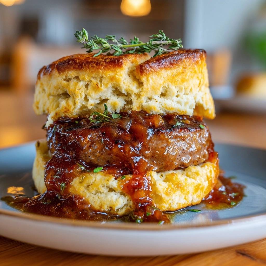 Southern sausage and biscuit sandwich with onion jam shown in a close-up detail shot with fresh thyme garnish.