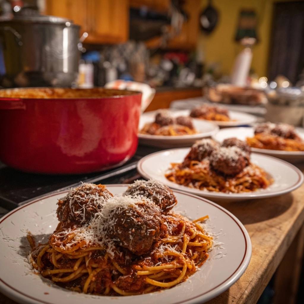 Spaghetti and meatballs with juicy meatballs and grated cheese served on a single white plate.