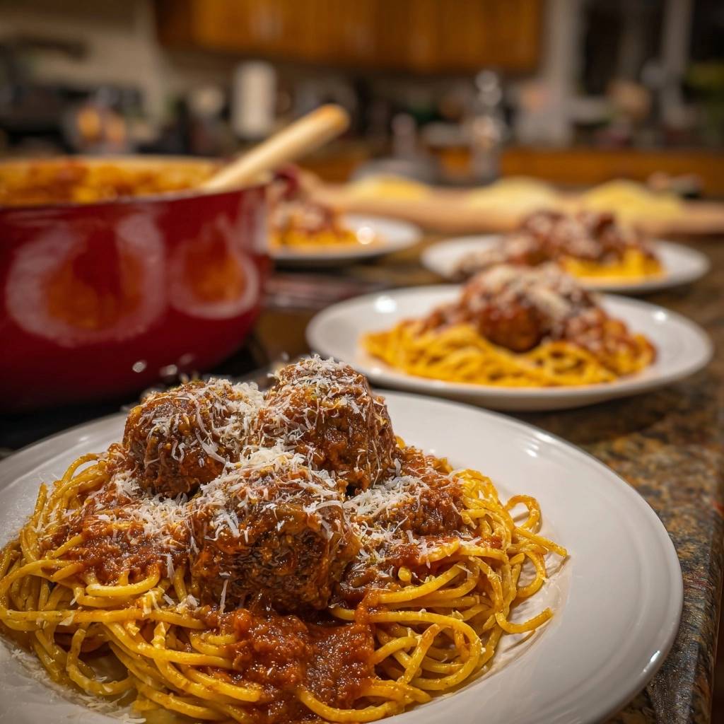 Spaghetti and meatballs featuring a plated serving with juicy meatballs and grated parmesan cheese.
