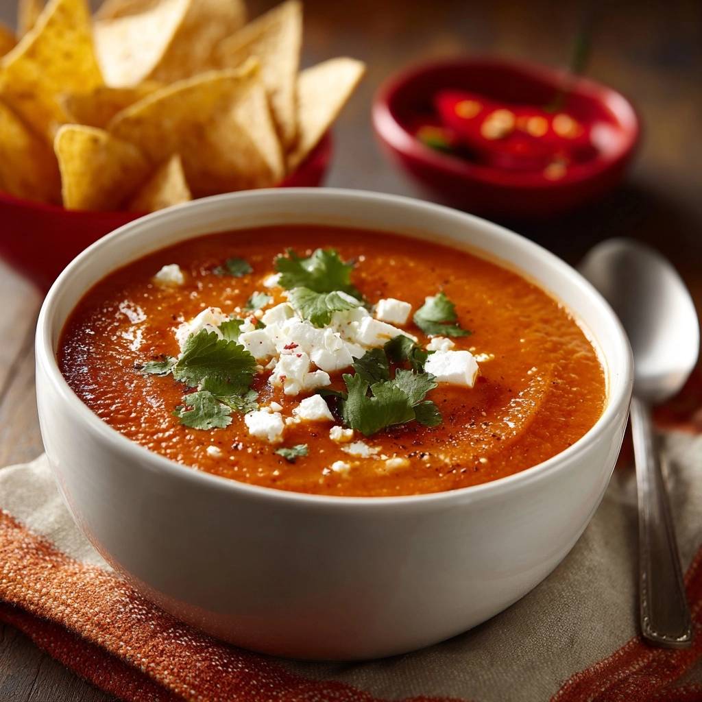 Spicy tomato tortilla soup in a white bowl, generously garnished with crumbled feta cheese and fresh cilantro.