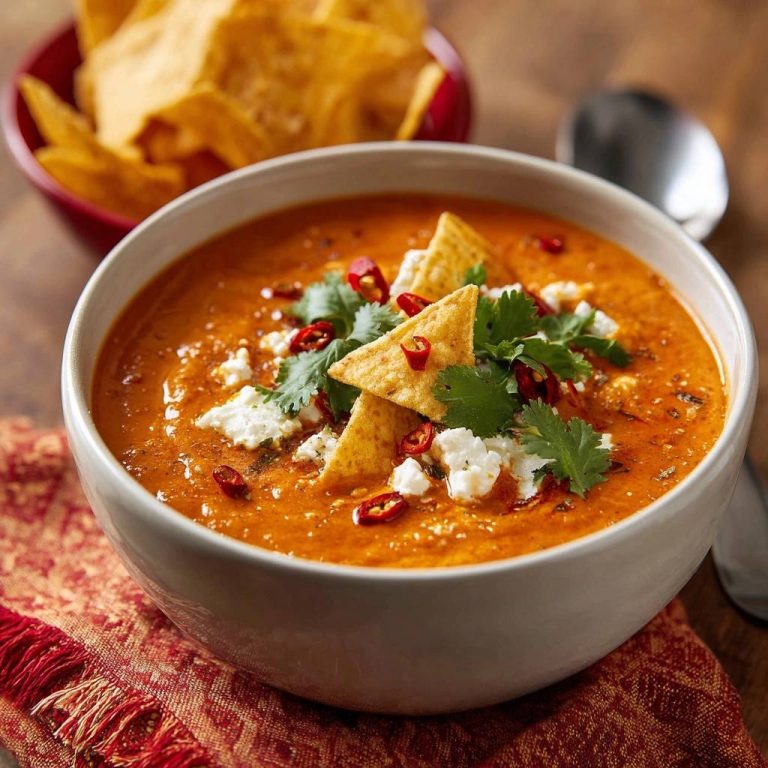 Spicy tomato tortilla soup with crumbled cheese, cilantro, chili slices, and tortilla chips, presented in a bowl.