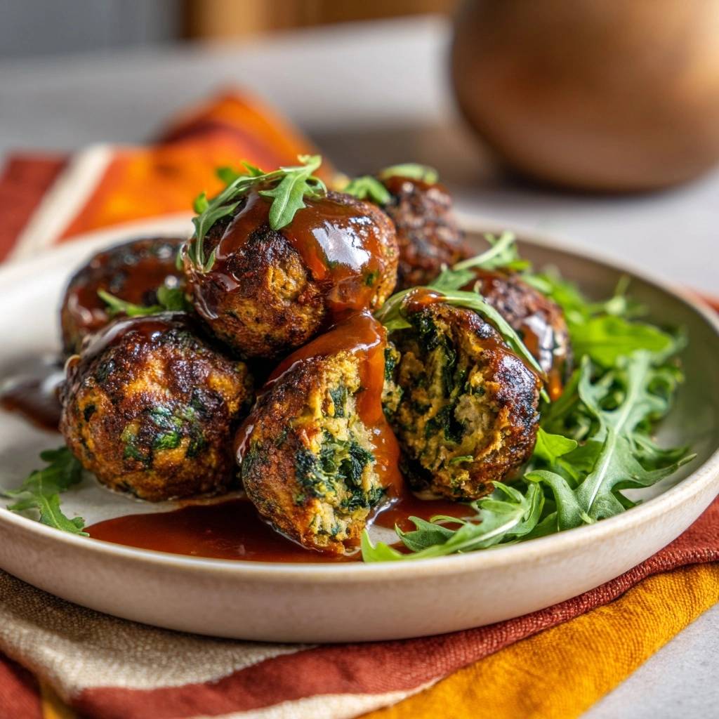 Spinach turkey meatballs with teriyaki glaze shown in a close-up cross-section revealing the interior and drizzled with sauce.