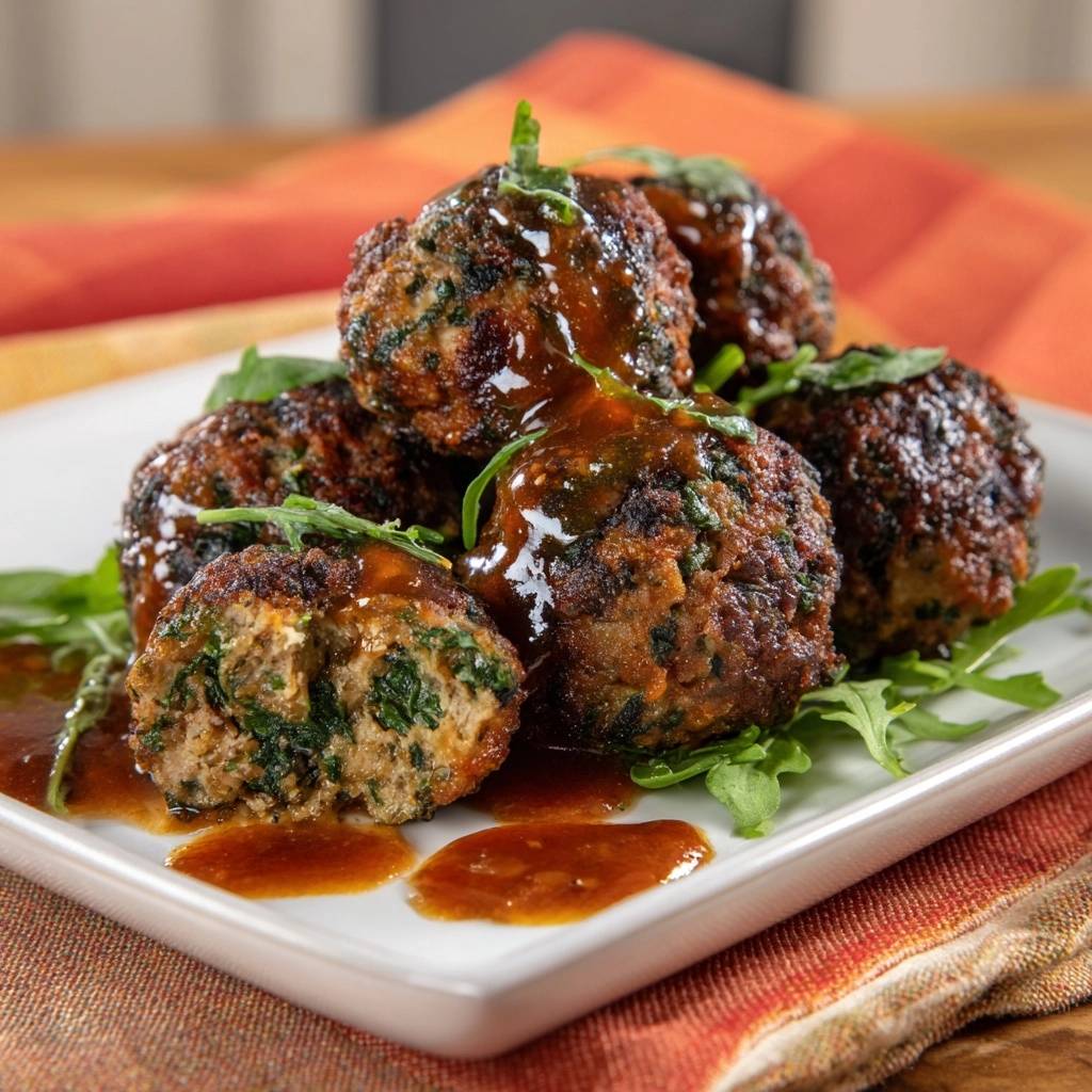 Spinach turkey meatballs with teriyaki glaze shown in a close-up cross-section revealing the hearty interior.