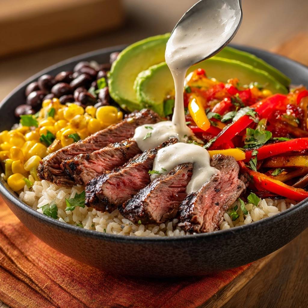 Steak fajita power bowl with sliced steak and a creamy sauce being drizzled over the top.