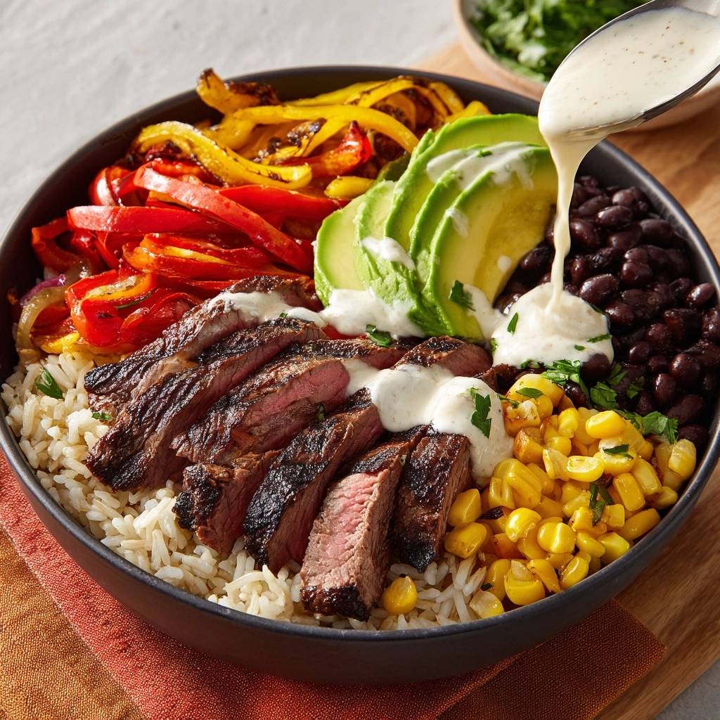 Steak fajita power bowl with sliced steak, peppers, avocado, beans, corn, and a creamy sauce being drizzled on top.