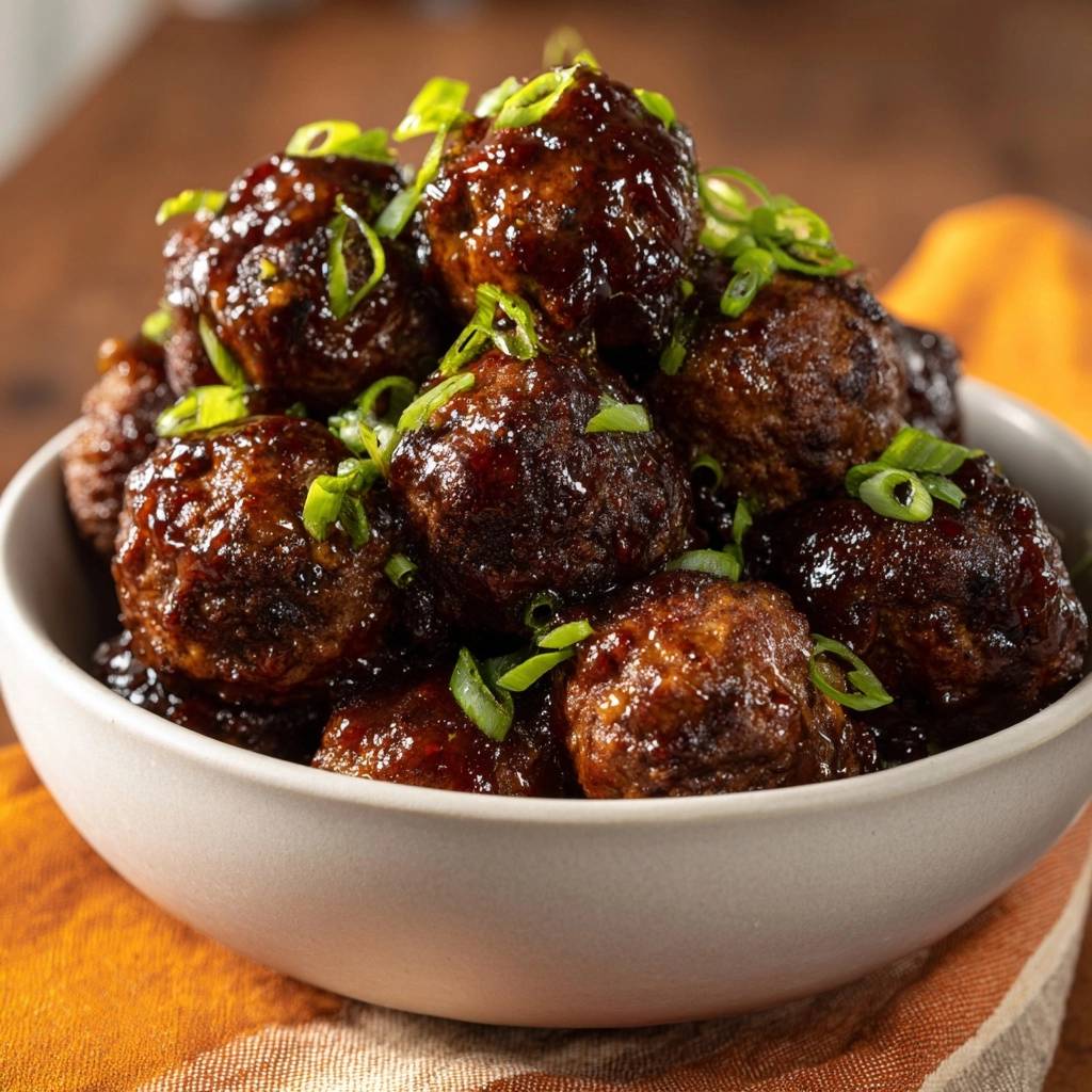 Sticky glazed beef meatballs are shown in a bowl, generously garnished with fresh green scallions.