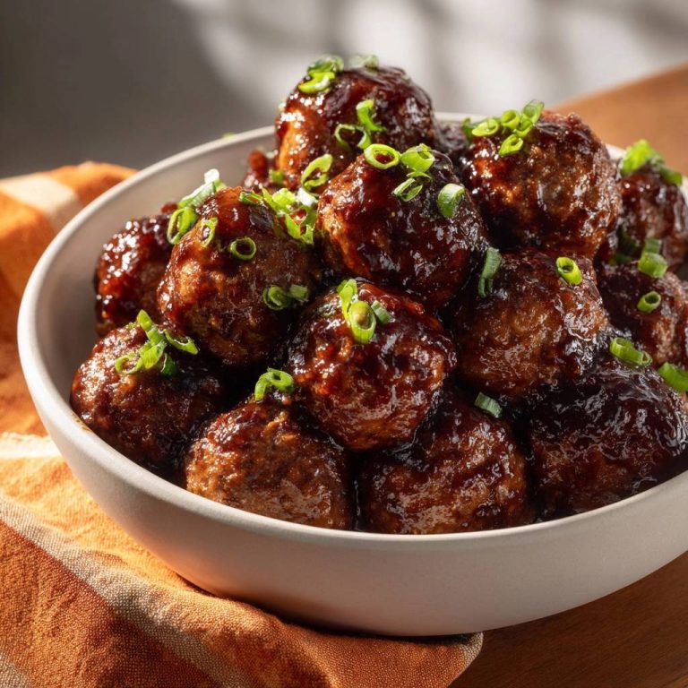 Sticky glazed beef meatballs with a glistening sauce and fresh green onion garnish in a white bowl.