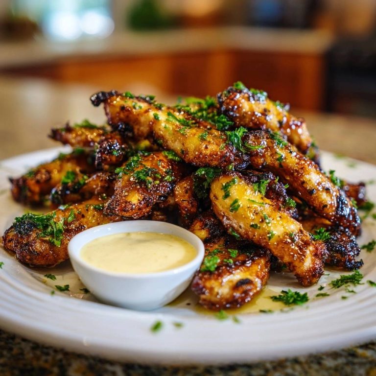 Sticky honey garlic chicken wings piled high on a white plate with a small bowl of dipping sauce.