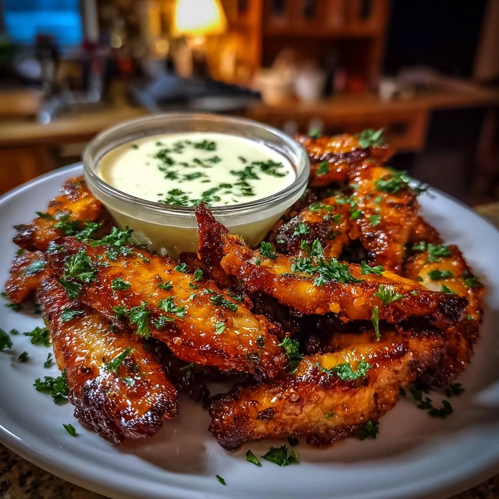 Sticky honey garlic chicken wings plated with a creamy dipping sauce and garnished with fresh parsley.