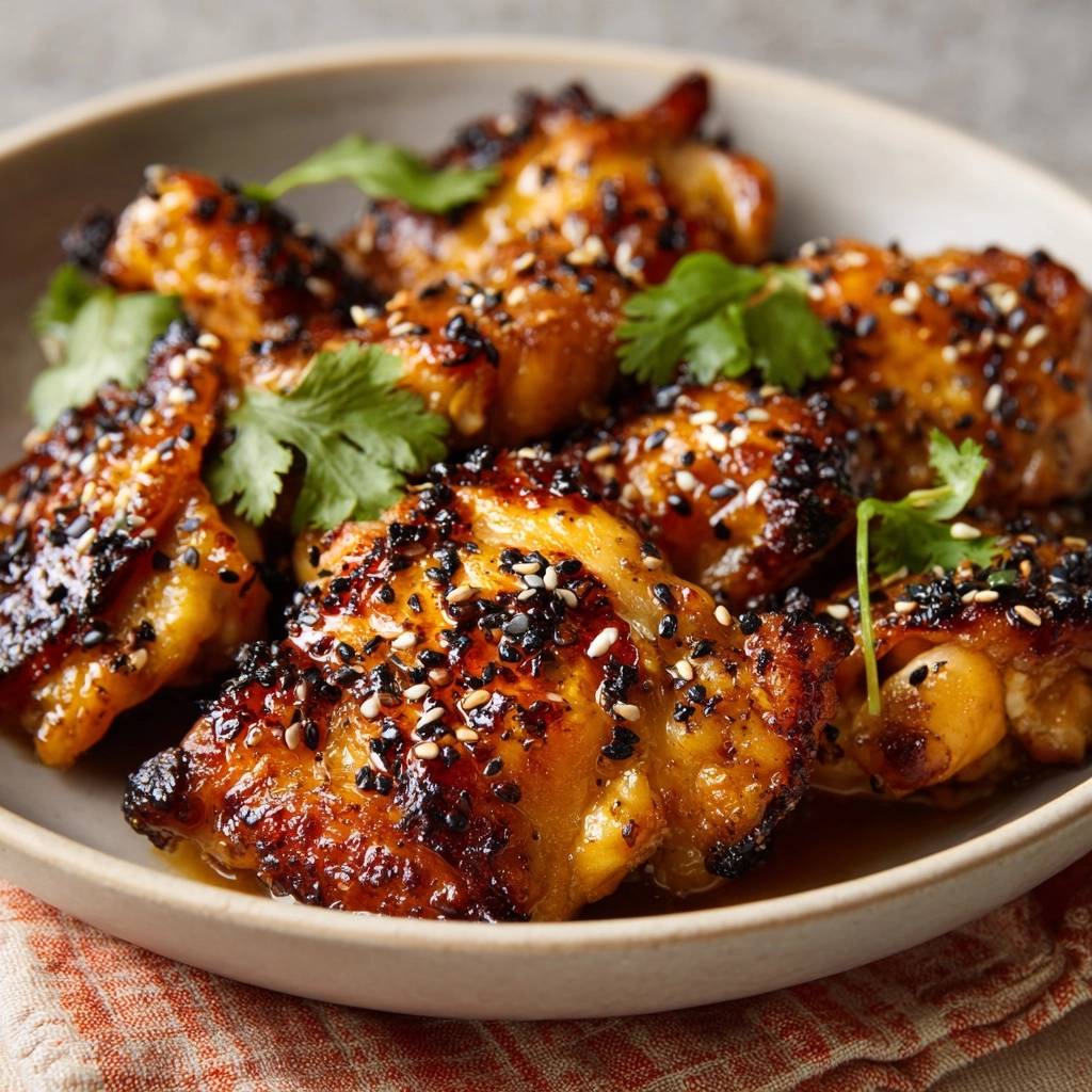 Sticky sesame chicken thighs glistening with a rich glaze and sprinkled generously with black and white sesame seeds.