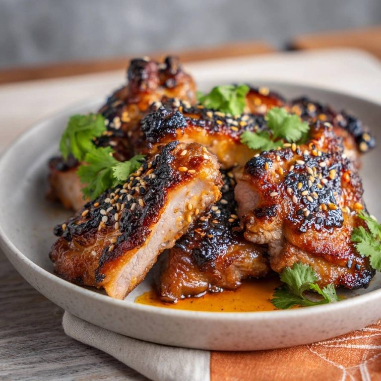 Sticky sesame chicken thighs shown in a close-up view, highlighting a moist interior and glazed exterior.