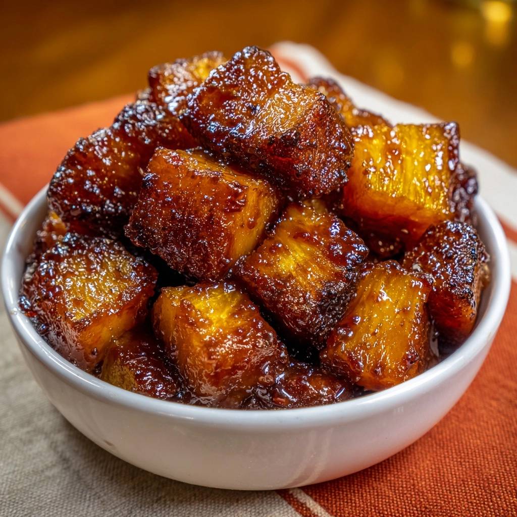 Sticky soy glazed chicken bites glistening in a white bowl, showcasing their caramelized texture up close.