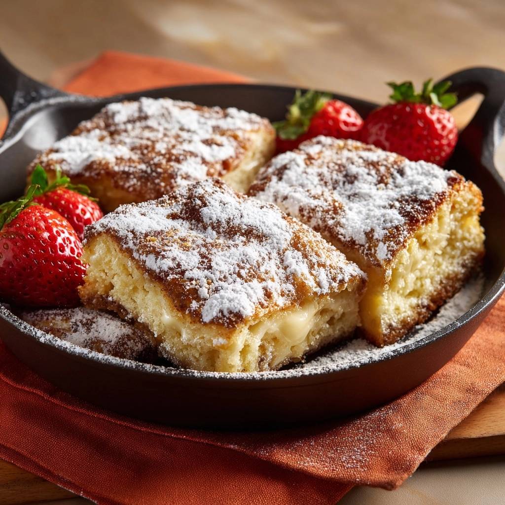 Strawberry shortcake bars cross-section showing fluffy cake and creamy filling, dusted with powdered sugar.