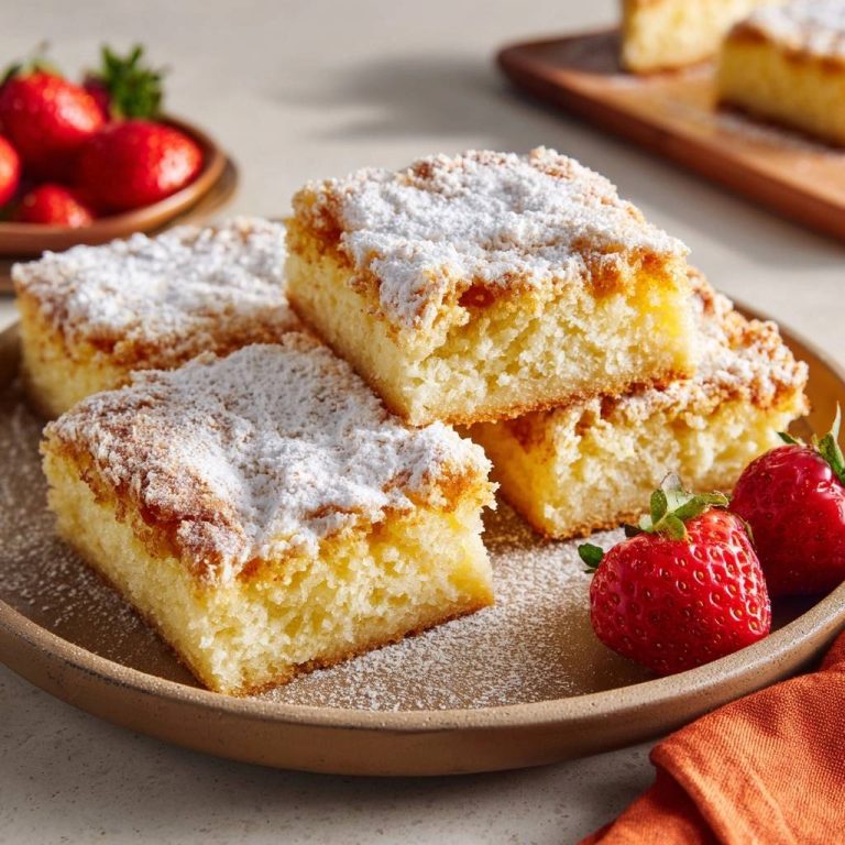 Strawberry shortcake bars sliced and dusted with powdered sugar, served with fresh strawberries.