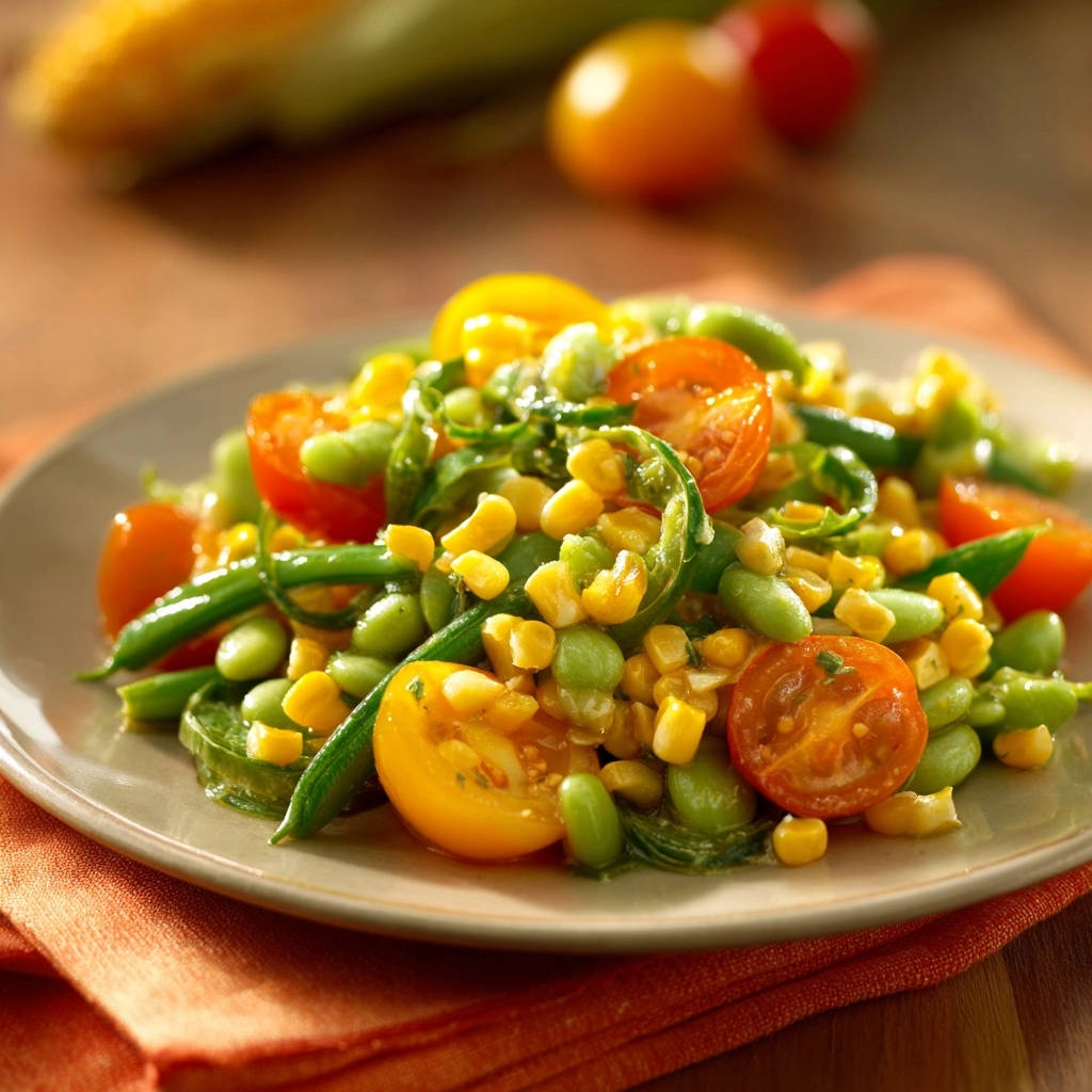 Summer vegetable medley served tender-crisp on a plate, featuring corn, edamame, and cherry tomatoes in a close-up view.