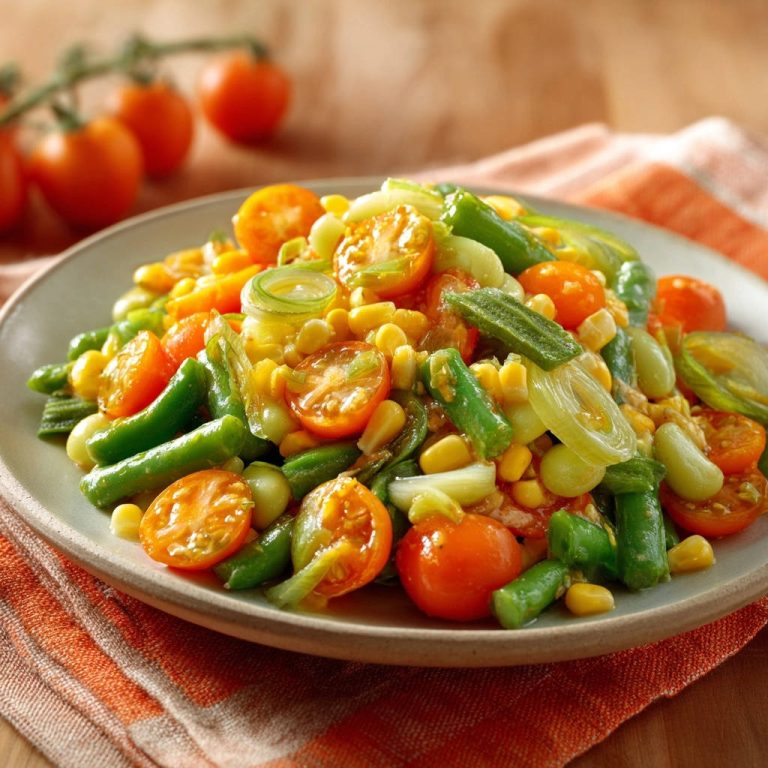 Summer vegetable medley plated close-up featuring cherry tomatoes, green beans, corn, and edamame.