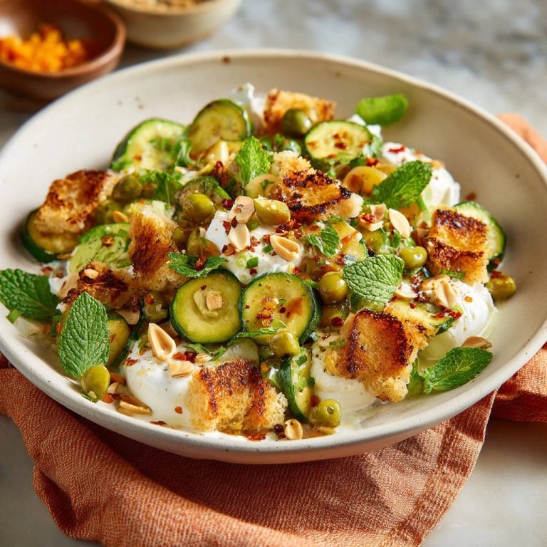 Summer zucchini and burrata salad with toasted bread, olives, mint, and peanuts, presented in a bowl with an orange napkin.