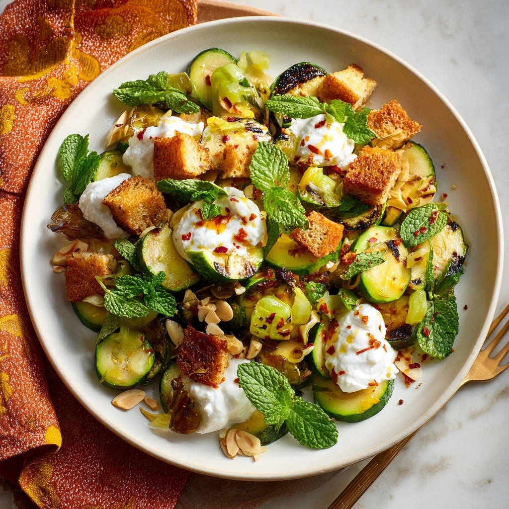 Summer zucchini and burrata salad presented in a bowl, showcasing grilled zucchini, creamy burrata, and toasted croutons.