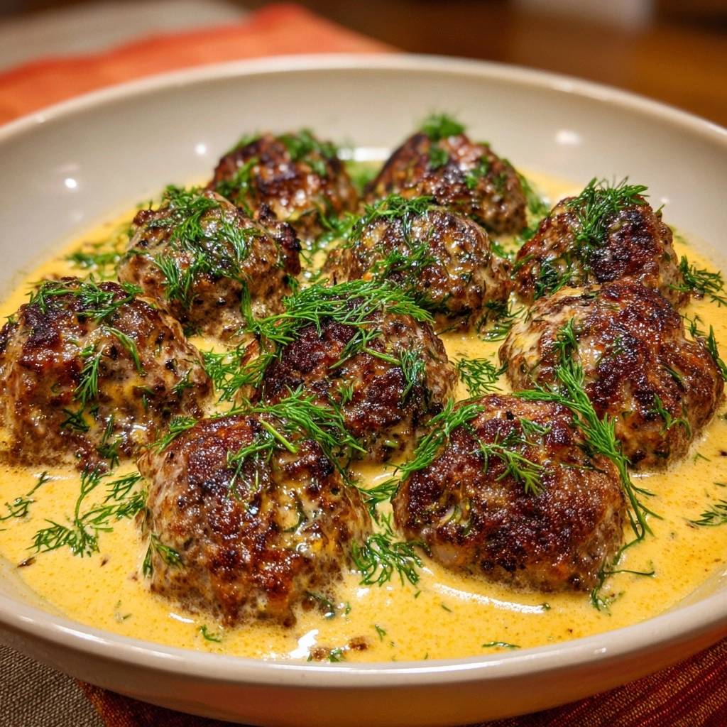Swedish meatballs nestled in a creamy sauce, generously garnished with fresh dill sprigs.