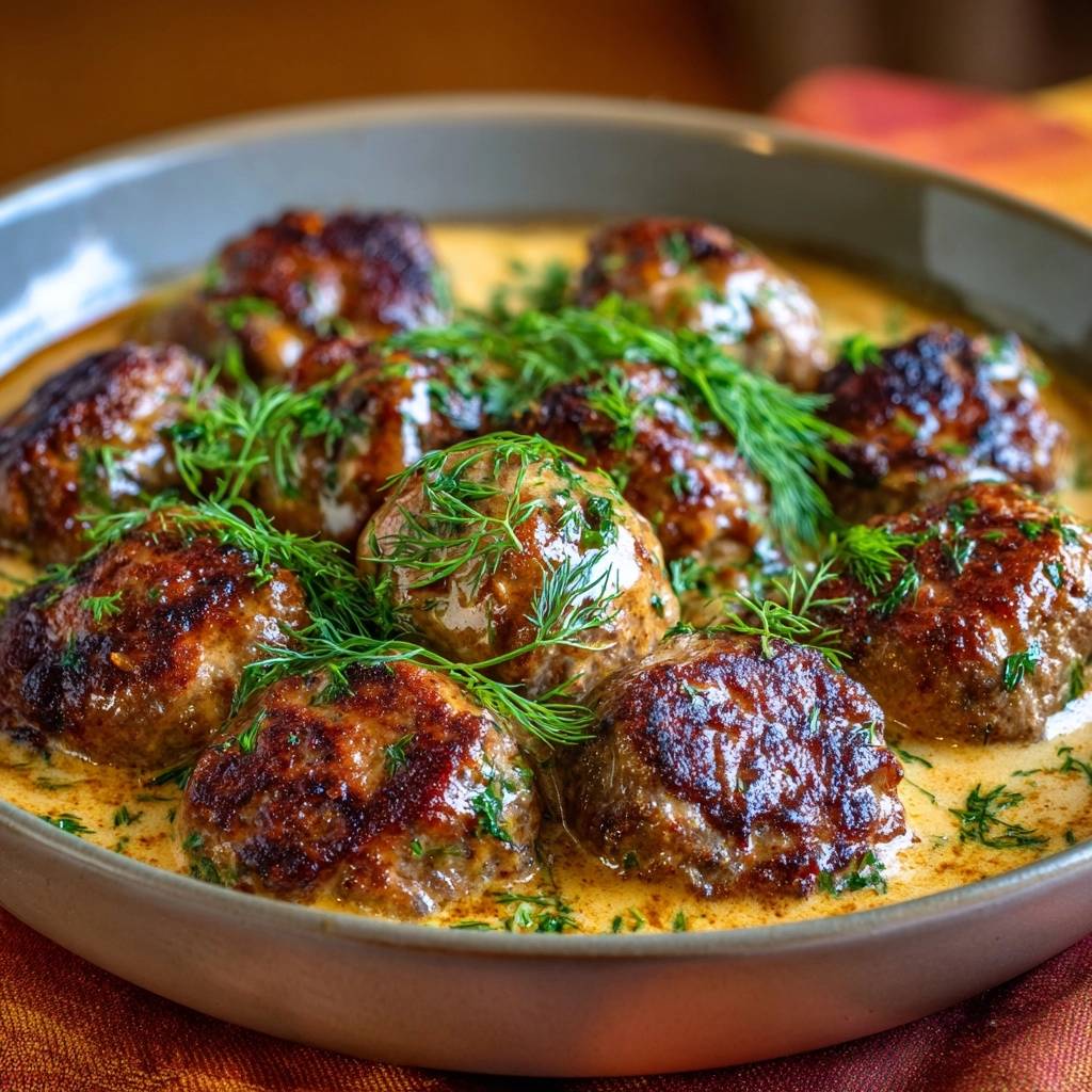 Swedish meatballs glistening in a creamy sauce, generously garnished with fresh dill in a shallow bowl.