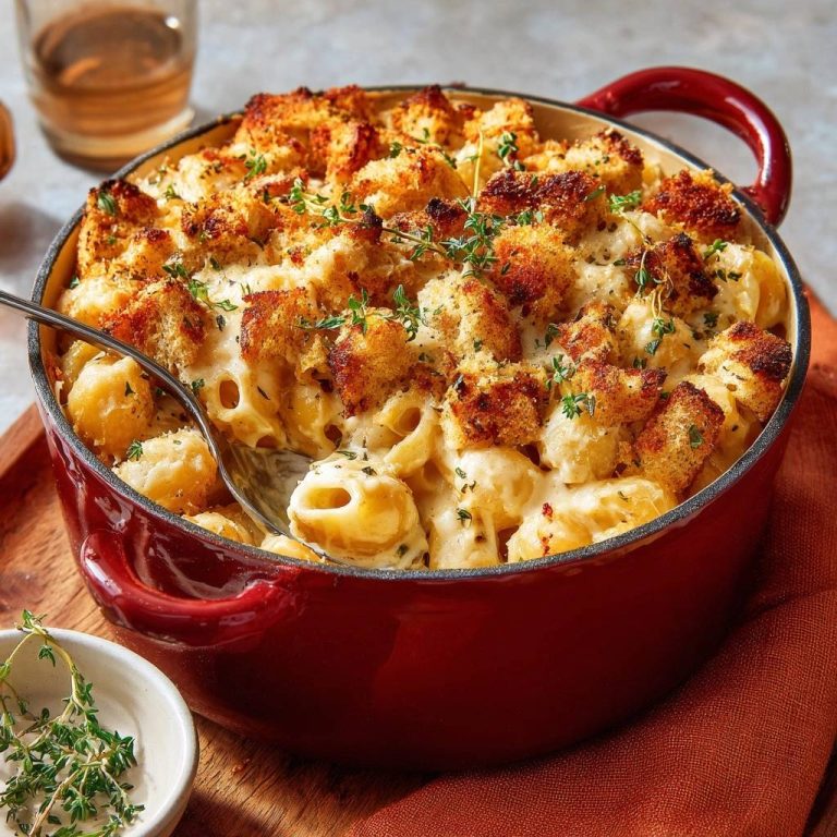 Thyme-topped baked mac and cheese recipe with a close-up view of the golden breadcrumb topping and fresh thyme garnish.