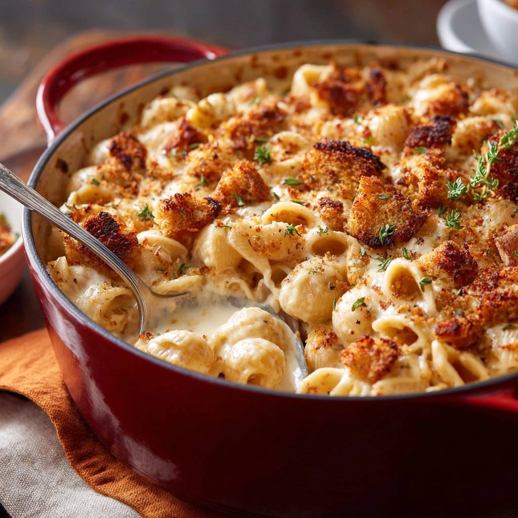 Thyme-topped baked mac and cheese with a spoonful being lifted, showing creamy pasta and crispy breadcrumbs.