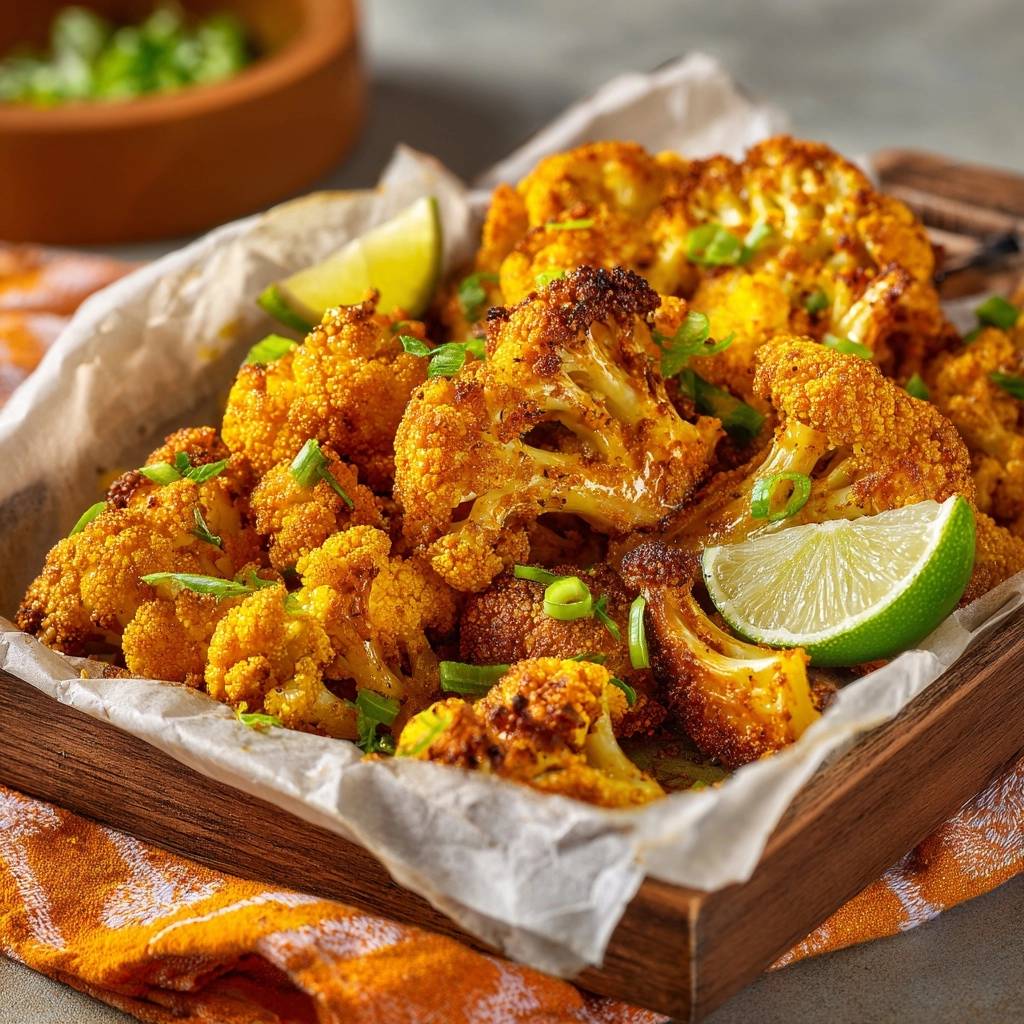 Turmeric roasted cauliflower with lime and cilantro, shown in a close-up view with fresh green garnishes.