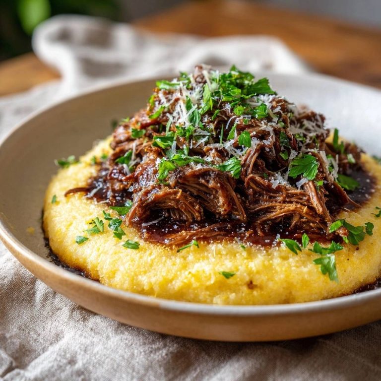 Ultimate beef ragu with creamy polenta, featuring tender shredded beef in a glistening sauce topped with fresh parsley and cheese.