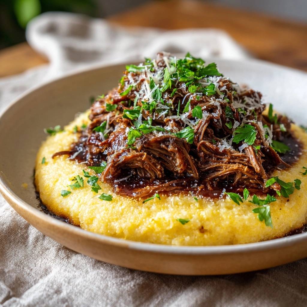 Ultimate beef ragu with creamy polenta, featuring tender shredded beef in a glistening sauce topped with fresh parsley and cheese.