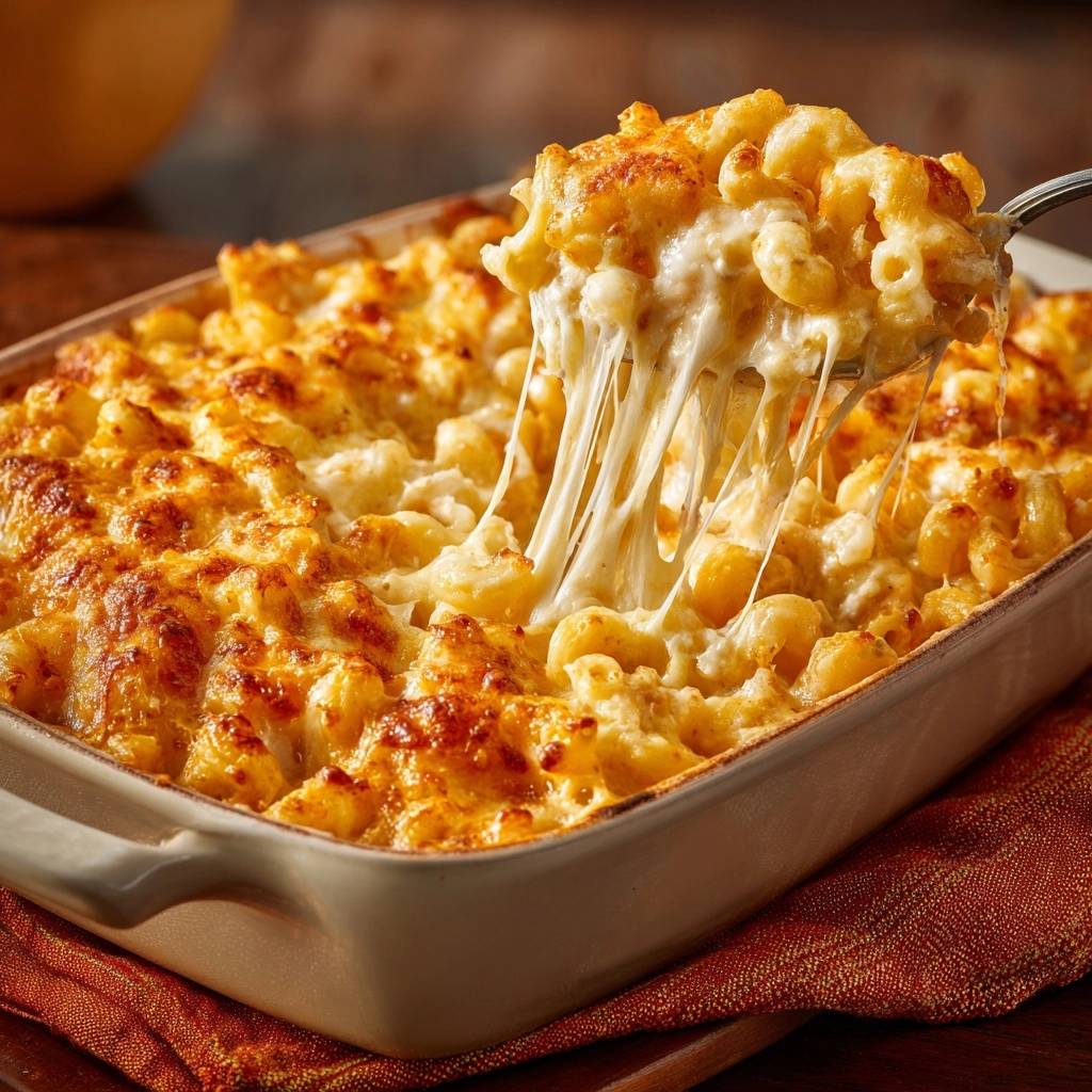 Ultra creamy baked mac and cheese with a satisfying cheese pull being lifted from the baking dish.
