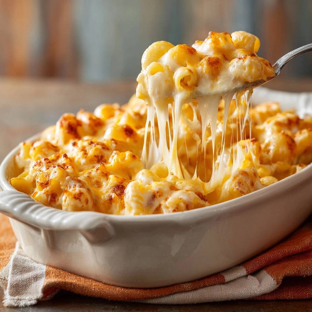 Ultra creamy baked mac and cheese with a spoon lifting a portion showing a long, gooey cheese pull.