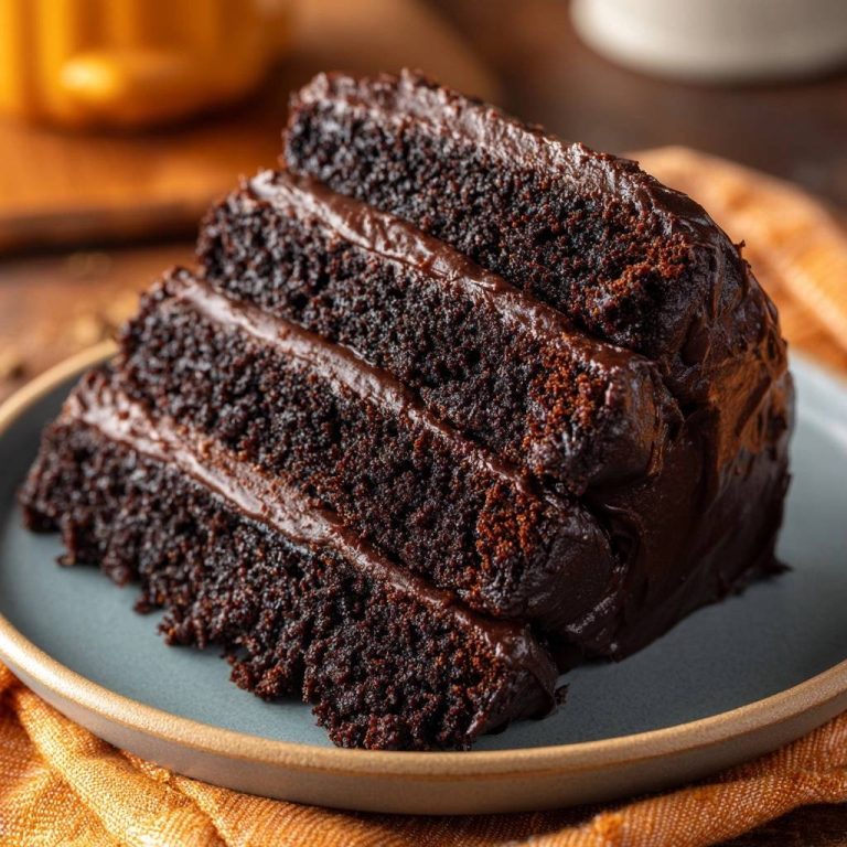Ultra moist chocolate layer cake recipe shown as a close-up cross-section revealing rich, dark layers and frosting.