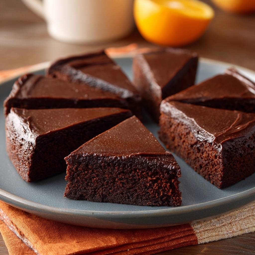 Ultra moist chocolate layer cake recipe sliced and presented on a blue plate with a close-up view of the rich chocolate texture.