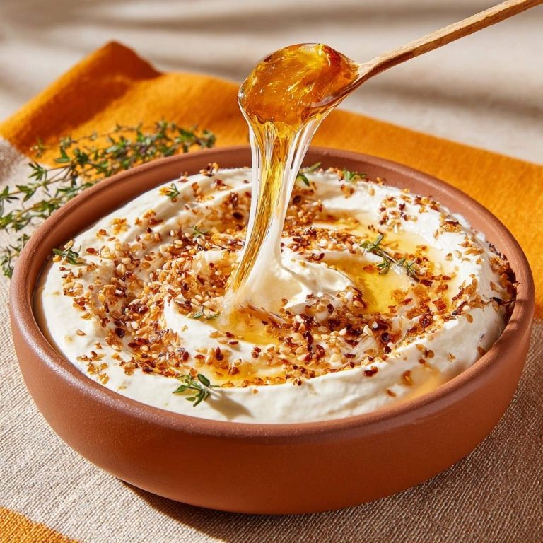 Whipped feta honey dip with a thick stream of honey being drizzled from a wooden spoon.