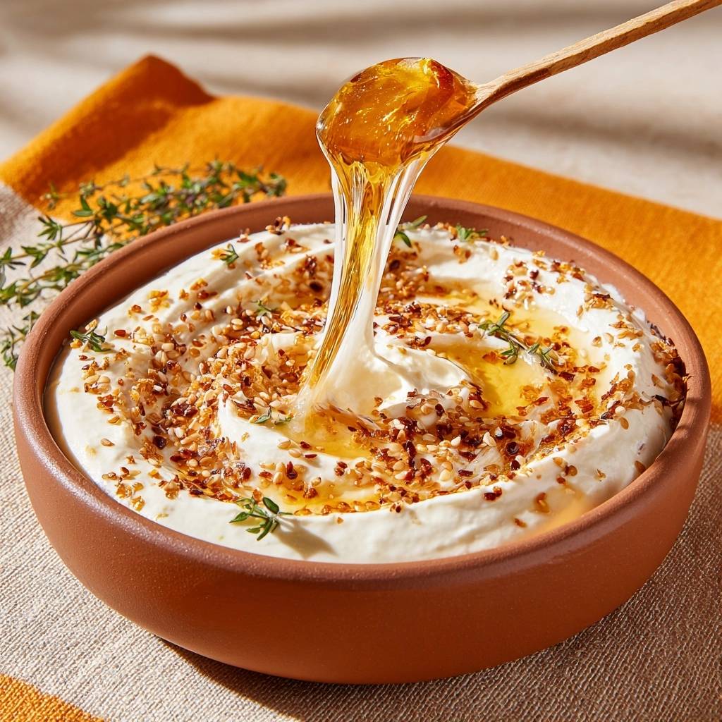 Whipped feta honey dip with a thick stream of honey being drizzled from a wooden spoon.