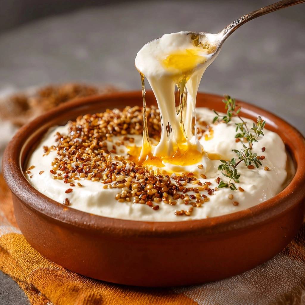 Whipped feta honey dip with a spoon lifting creamy cheese drizzled with golden honey and topped with seeds.