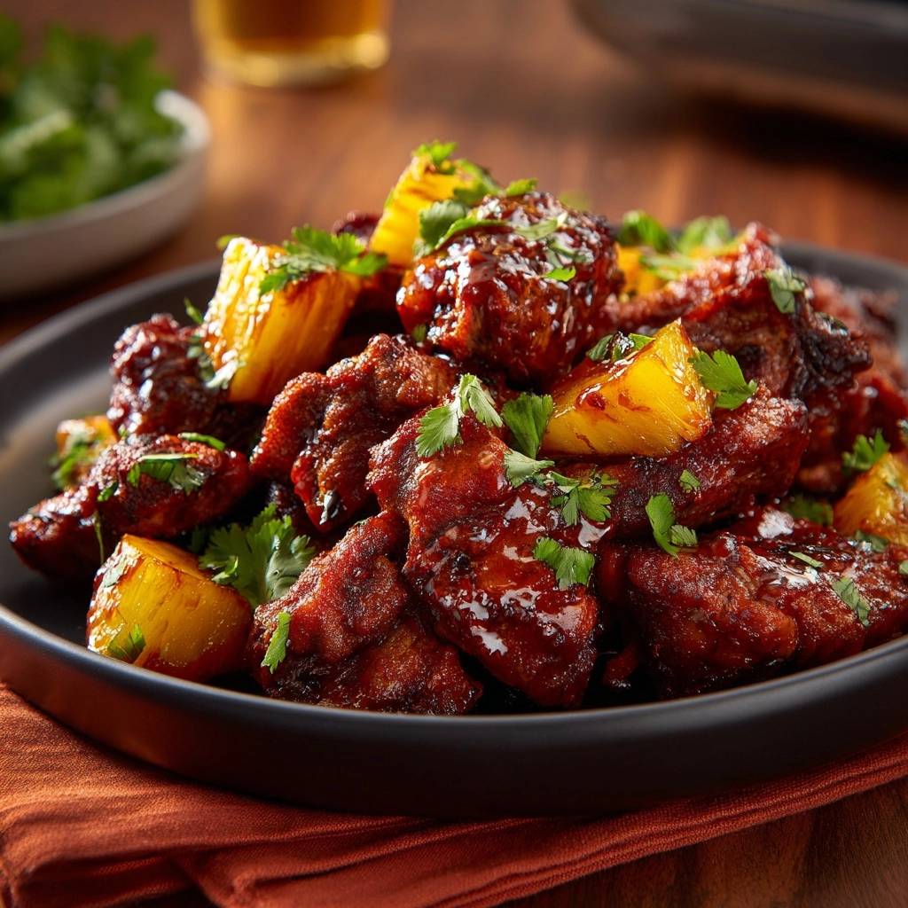 Air fryer pineapple glazed chicken bites served glistening and garnished with fresh cilantro on a dark plate.