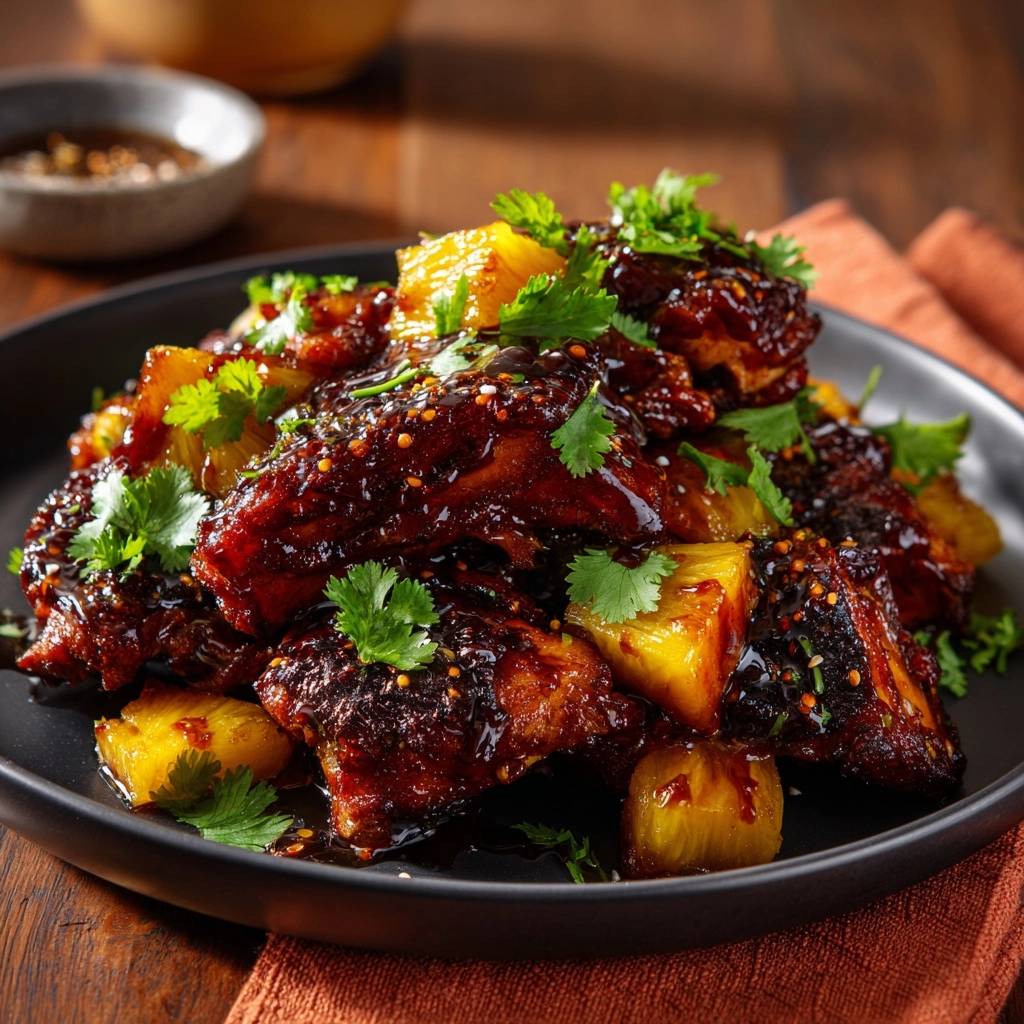 Air fryer pineapple glazed chicken bites plated and garnished with fresh cilantro and pineapple chunks.