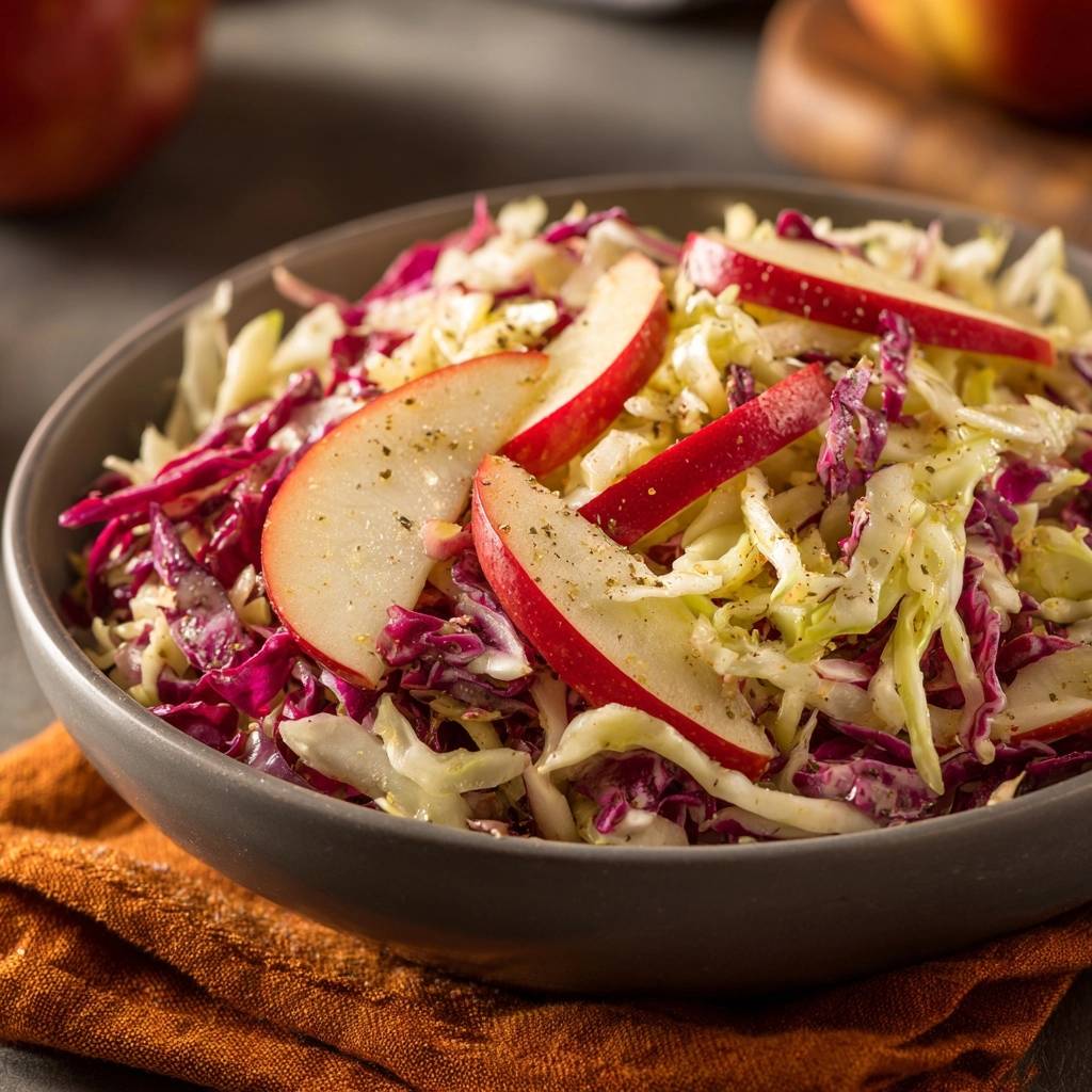 Crisp apple cabbage slaw recipe featuring thin slices of red apple and shredded red and green cabbage in a bowl.