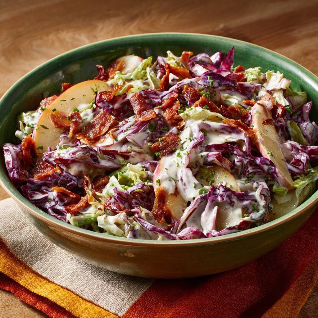Bacon apple red cabbage slaw served in a green bowl, showing a close-up detail of the mixed ingredients.
